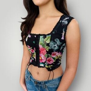 PrettyLittleThing Black Floral Lace Trim Bow‎ Corset Crop Top Sz 4